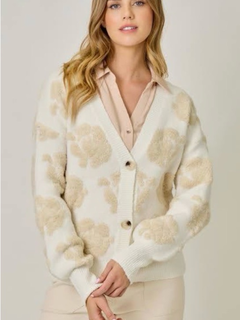 Mystree Cream Cardigan with Beige Floral Texture